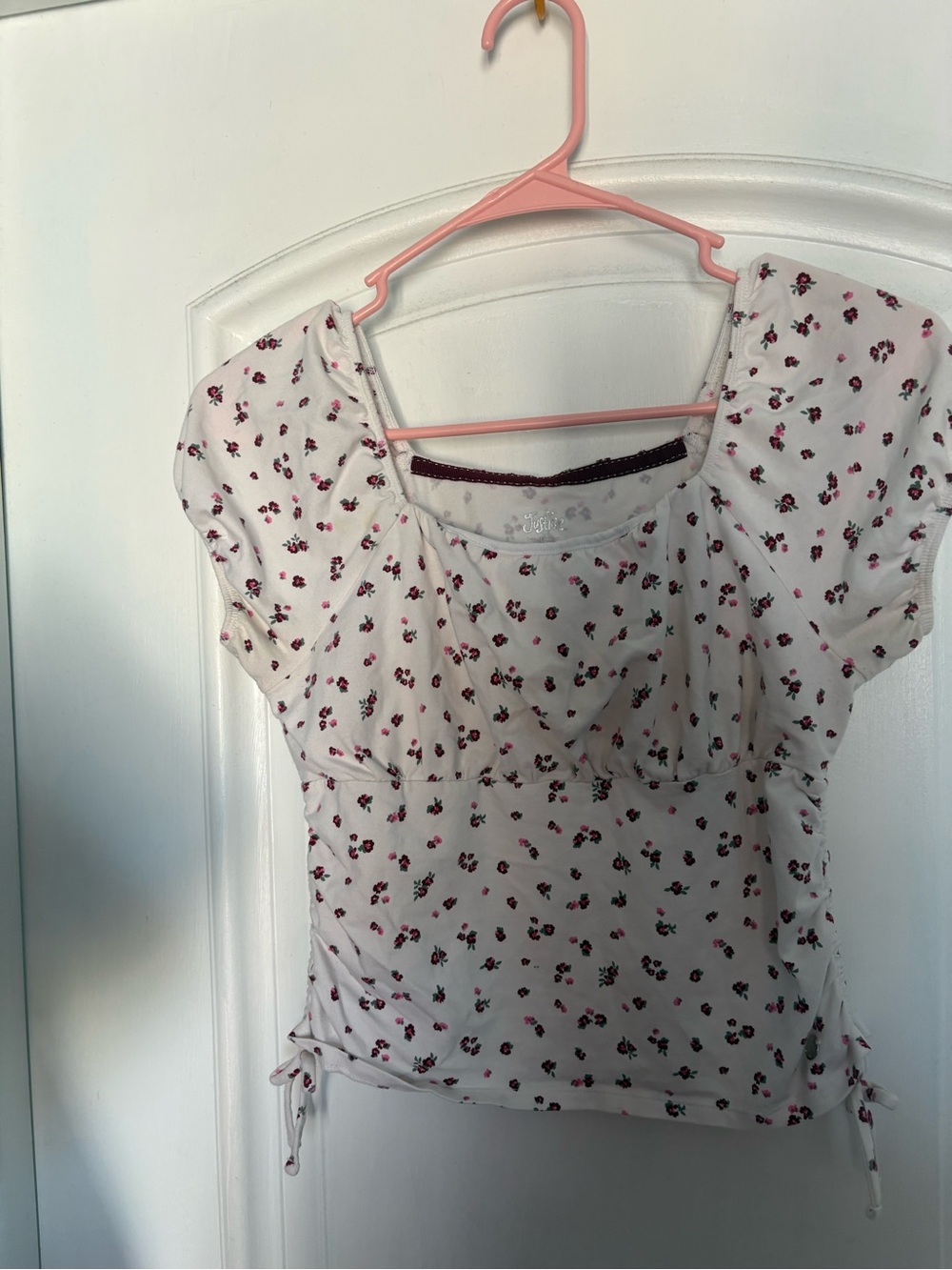 Floral Square-Neck Women’s Top in White with Pink Rose Print